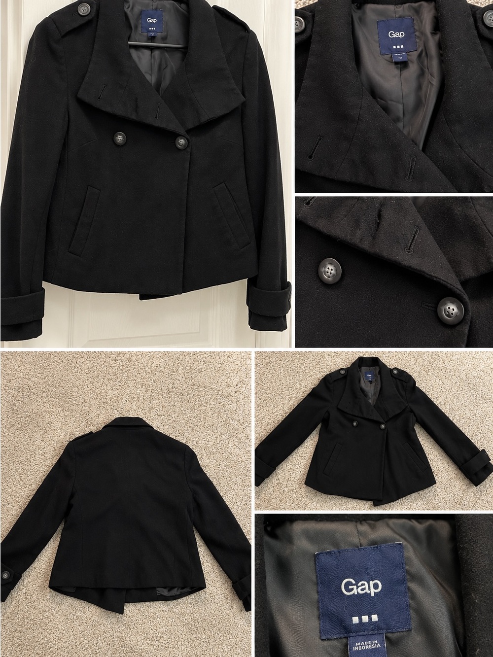 GAP Black Double-Breasted Peacoat with Notch Collar